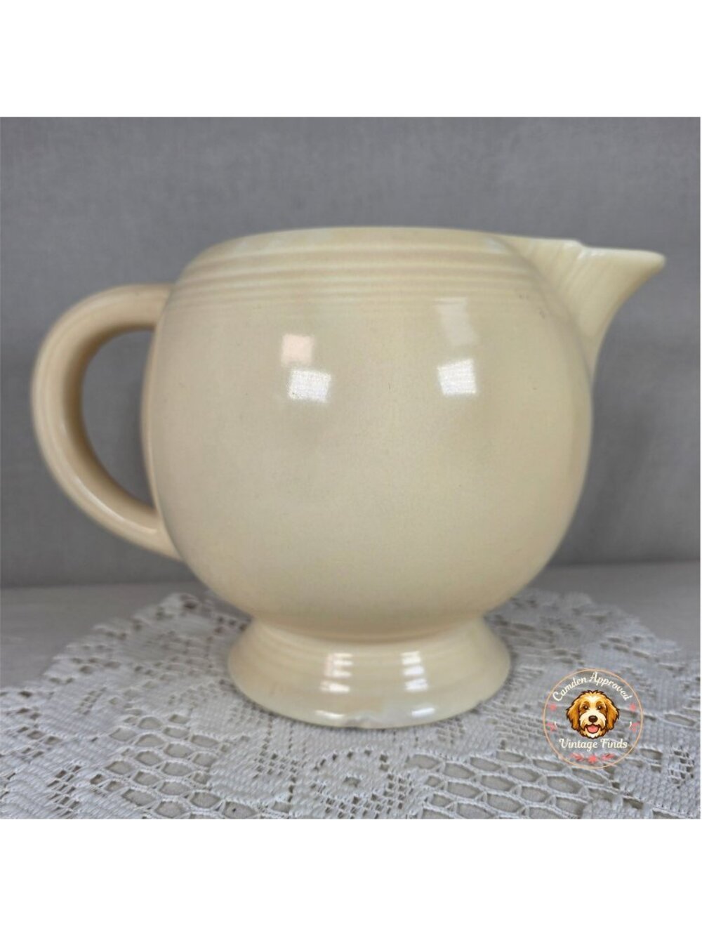 Vintage Fiesta Ivory Ice Lip Pitcher 9 1/2" Wide 7" Tall With Minor Chips On Bas